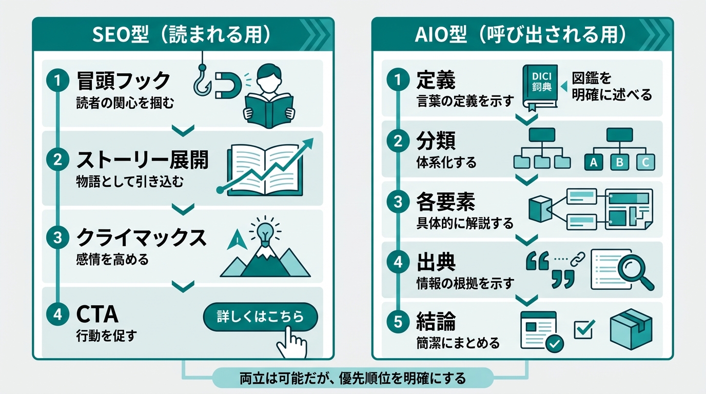 Article structure comparison between SEO and AIO. Left column "SEO Format (for being read)": Opening hook → Story development → Climax → CTA. Right column "AIO Format (for being called)": Definition → Classification → Element breakdown → Sources → Conclusion. Bottom note: "Both can coexist, but prioritization must be explicit." White background (#F5F5F5), deep cyan (#0a8f7f) accent.