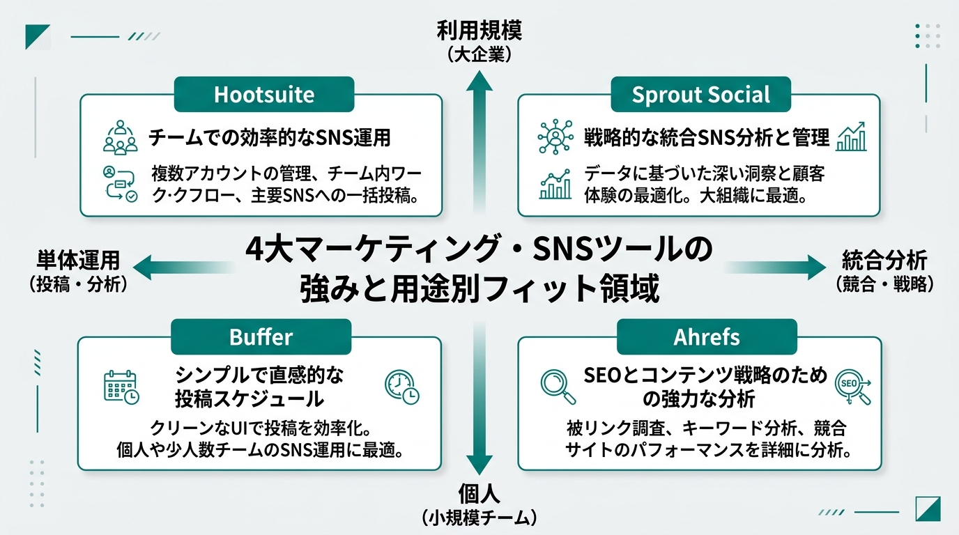 4ツール（Ahrefs/Buffer/Hootsuite/Sprout）の強みと用途別フィット領域を示す2×2マップ。横軸に「単体運用 ↔ 統合分析」、縦軸に「個人 ↔ 組織」