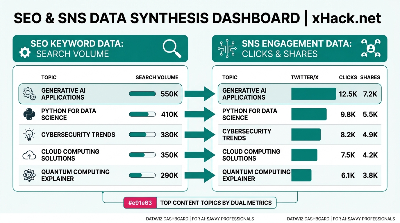 A screen layout showing SEO keyword data and SNS engagement data displayed side by side in a single