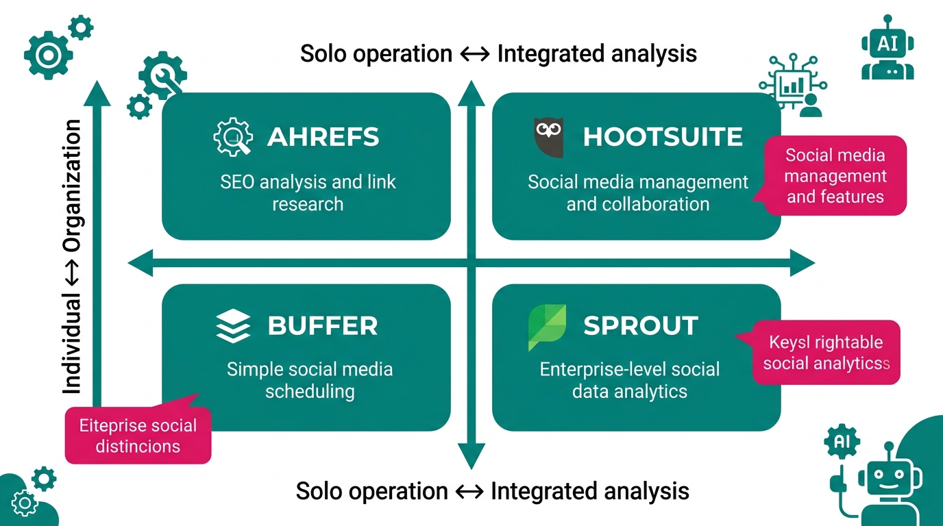 A 2×2 map showing where 4 tools (Ahrefs / Buffer / Hootsuite / Sprout) fit across strength and use-c
