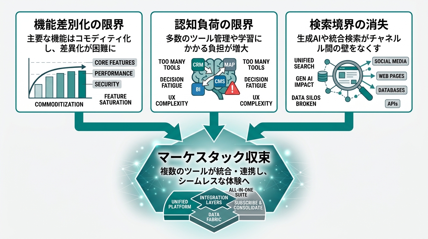 「機能差別化の限界」「認知負荷の限界」「検索境界の消失」の3要因が中央の「マーケスタック収束」に向かって矢印で集約する構成図。各要因に短い説明文