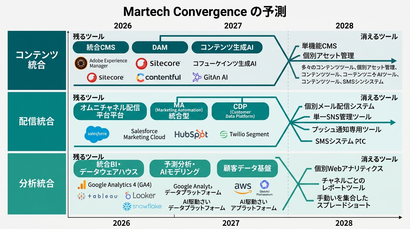 2026年から2028年までのマーケテック収束予測図。3層（コンテンツ統合・配信統合・分析統合）の各領域で「残るツール」「消えるツール」を明示。横軸時間、縦軸領