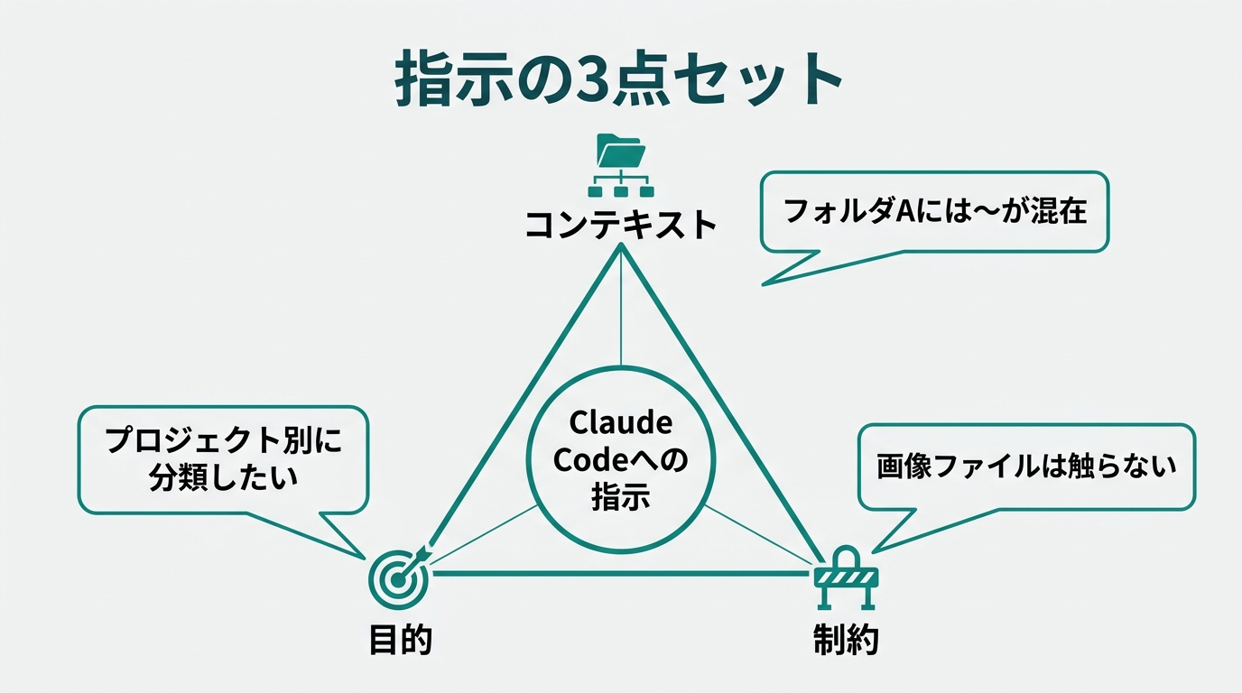 「指示の3点セット」を中央に三角形で配置する図解。三角形の上頂点に「コンテキスト」、左下に「目的」、右下に「制約」。中央に「Claude Codeへの指示」と書かれた円。各頂点から円に向けて細い線で接続。三角形の外側にそれぞれの例文（「フォルダAには〜が混在」「プロジェクト別に分類したい」「画像ファイルは触らない」）を吹き出しで配置。