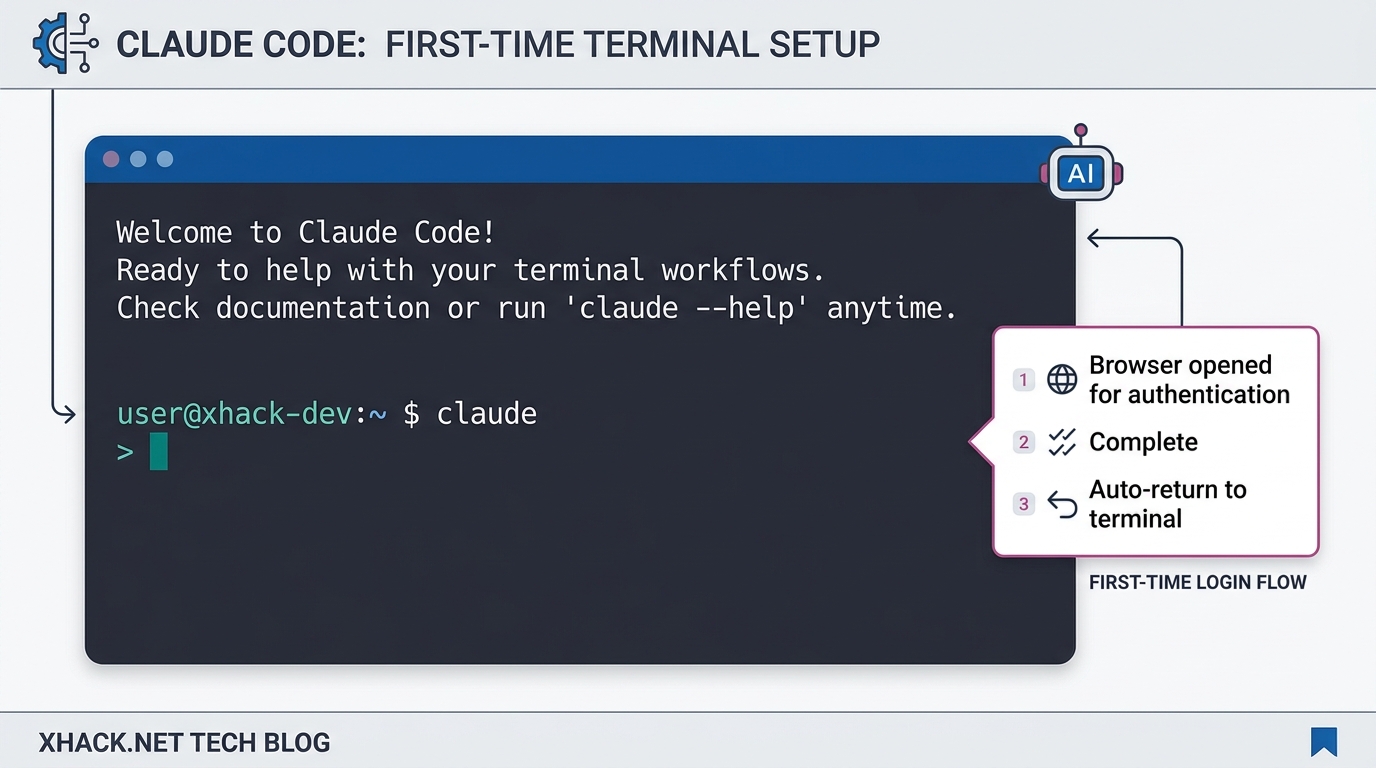 A screenshot-style image of the screen right after first login to Claude Code. A dark-mode terminal