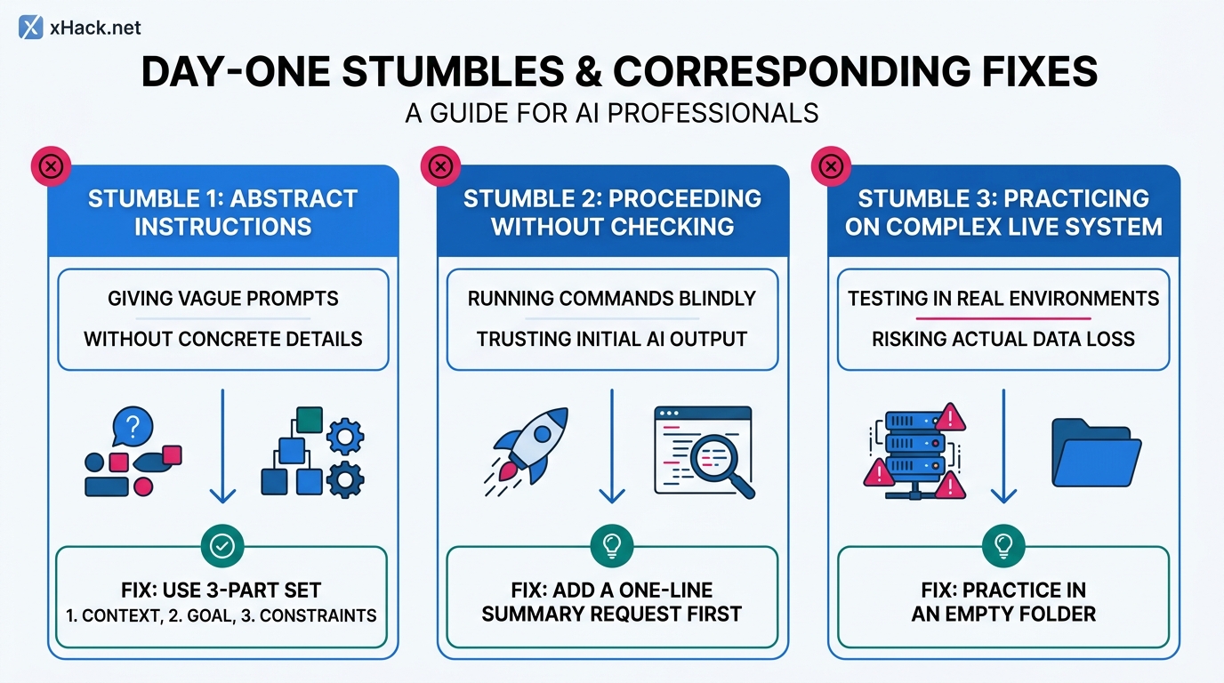 A three-column comparison diagram showing the three day-one stumbles and the corresponding fixes. Le