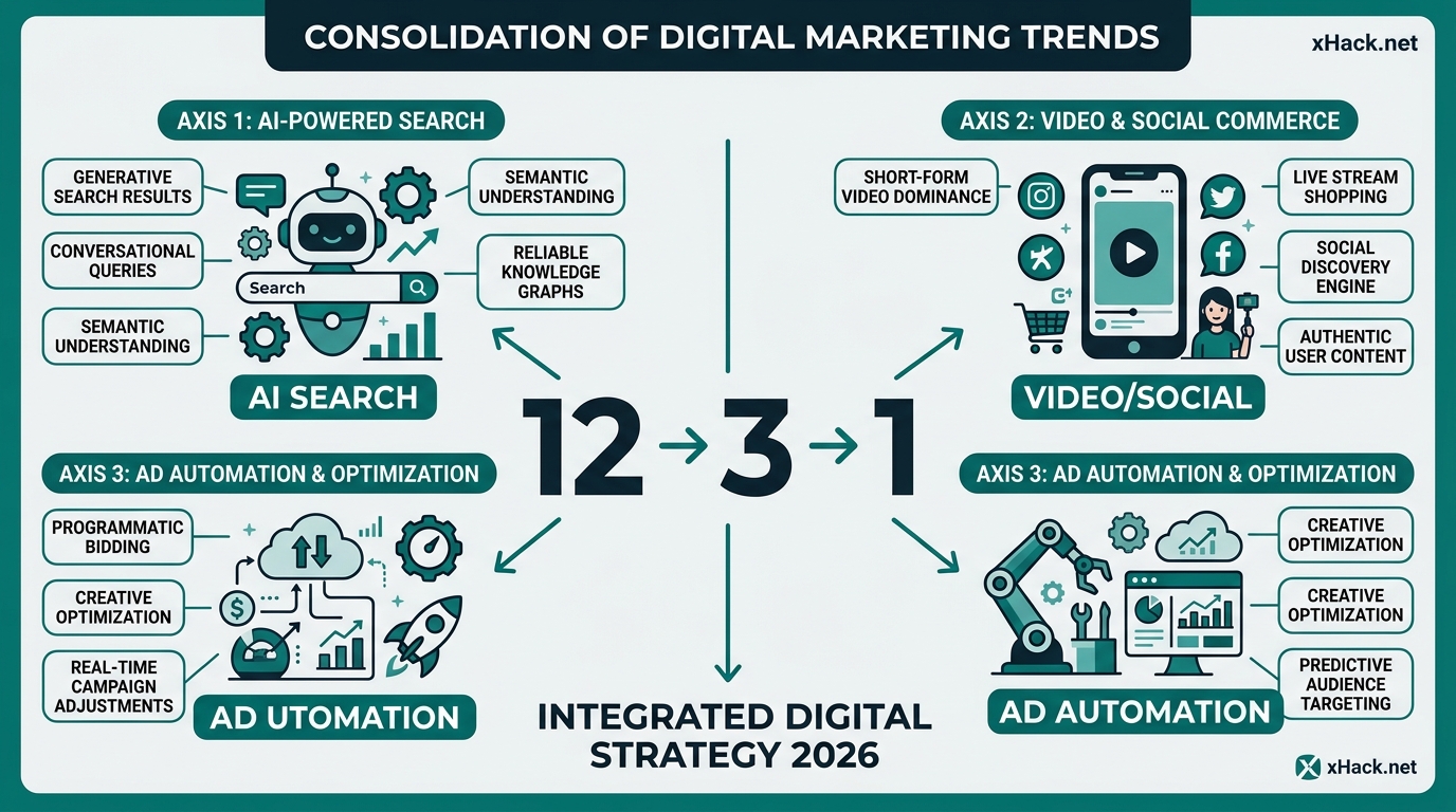Conceptual diagram folding "12 changes in May 2026 digital marketing" into three axes (AI search, vi