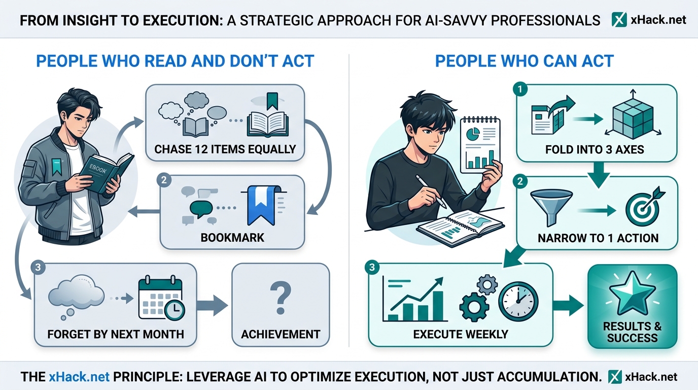 Before/after comparison showing the difference between "people who read and don't act" vs. "people w