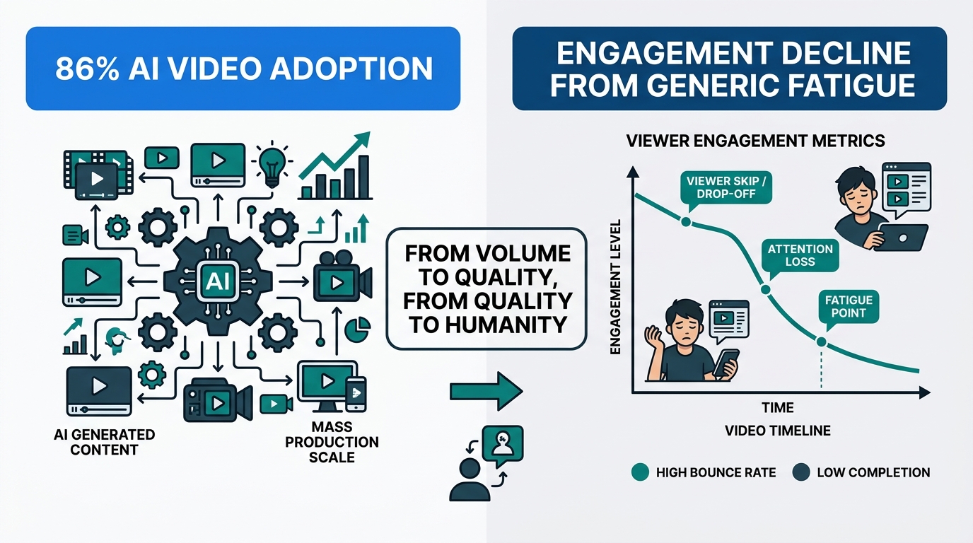 Diagram showing "86% AI video adoption" paired with "engagement decline from generic fatigue." Left: