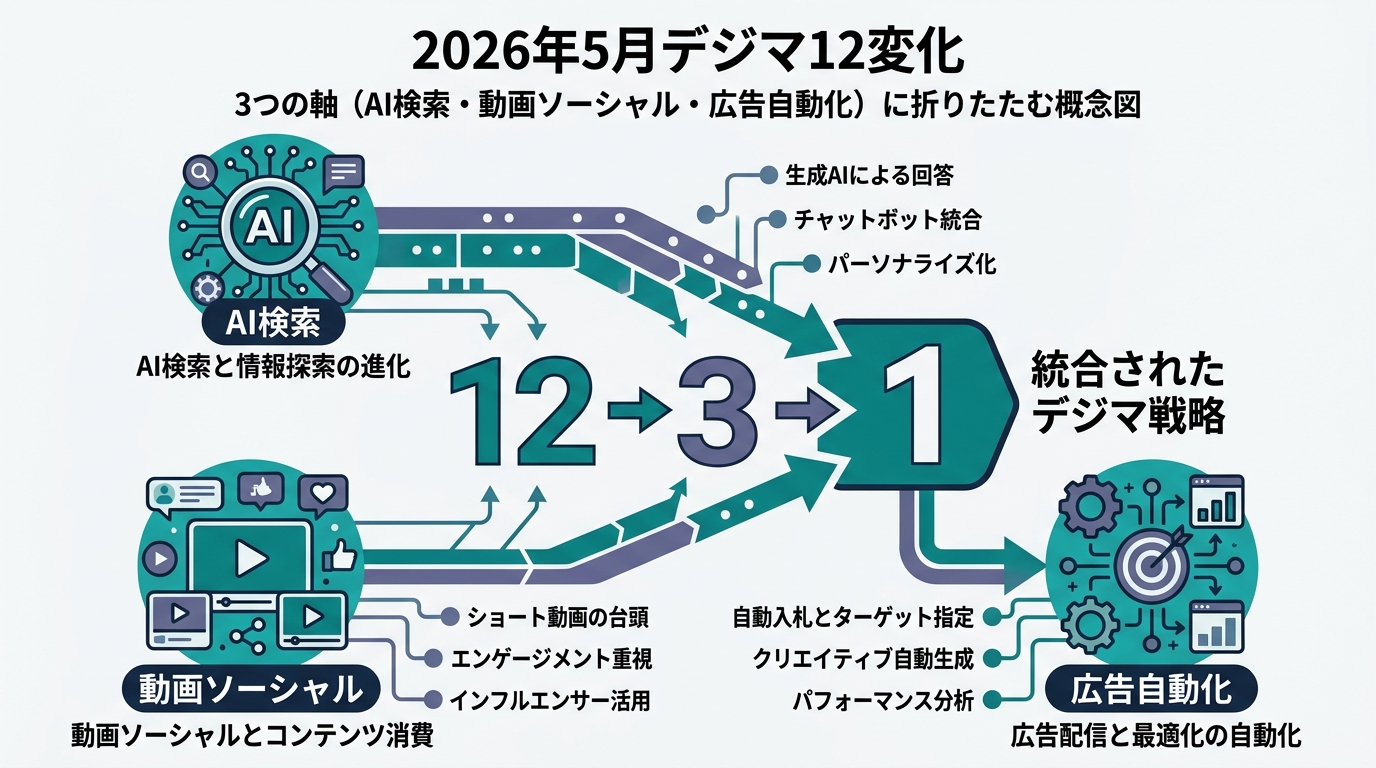 「2026年5月デジマ12変化」を3つの軸(AI検索・動画ソーシャル・広告自動化)に折りたたむ概念図。中央に大きな「12 → 3 → 1」の数字、周囲に「AI検