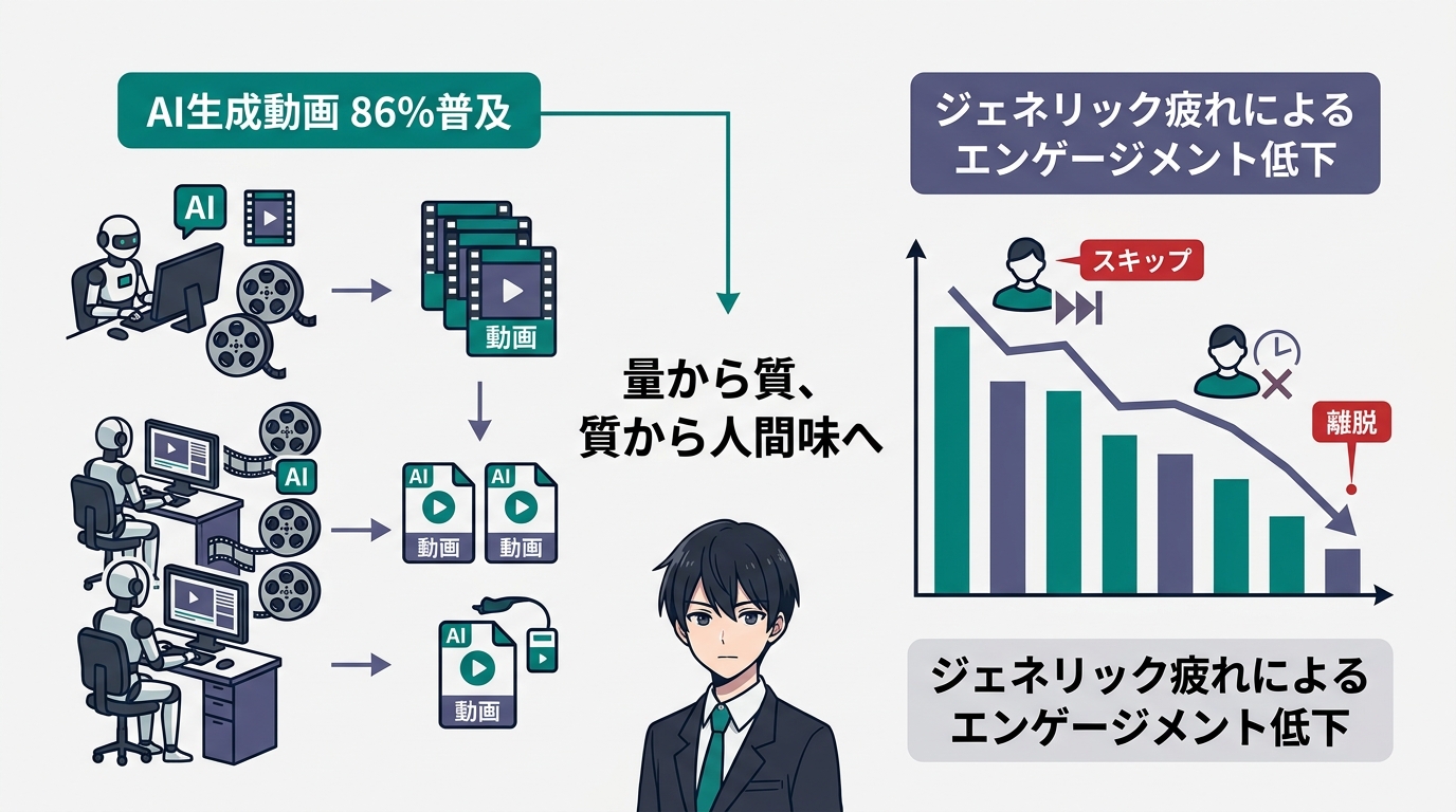 「AI生成動画 86%普及」と「ジェネリック疲れによるエンゲージメント低下」をセットで示すdiagram。左に動画大量生産のアイコン、右に視聴者のスキップ・離脱