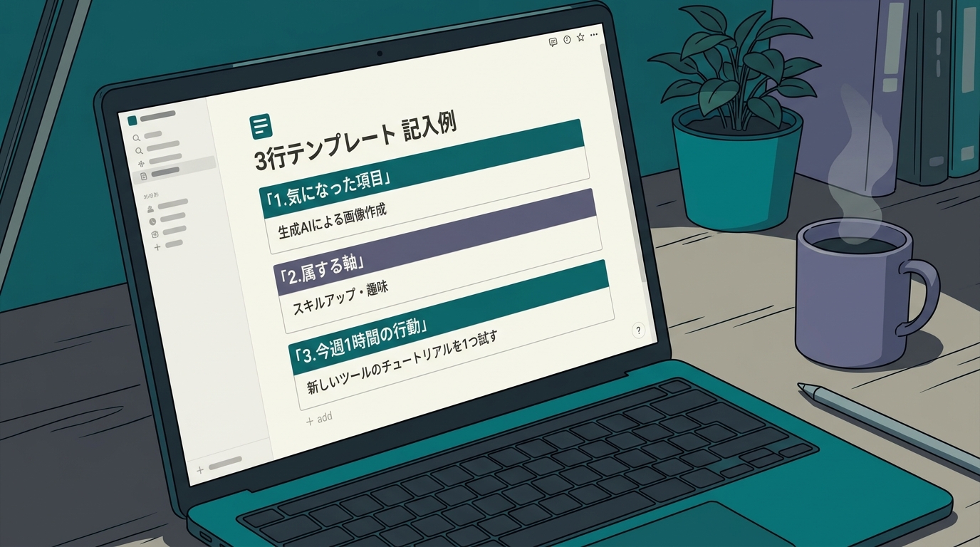3行テンプレートの記入例イラスト。Notion風のメモアプリ画面に「1.気になった項目」「2.属する軸」「3.今週1時間の行動」が記入されている。机の上のラップ