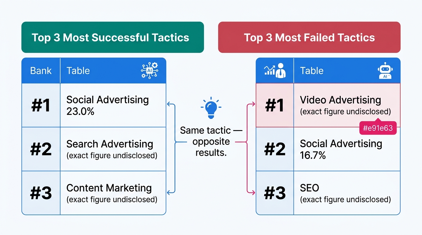Two-column comparison table. Left: "Top 3 Most Successful Tactics" — #1 Social Advertising 23.0%, #2