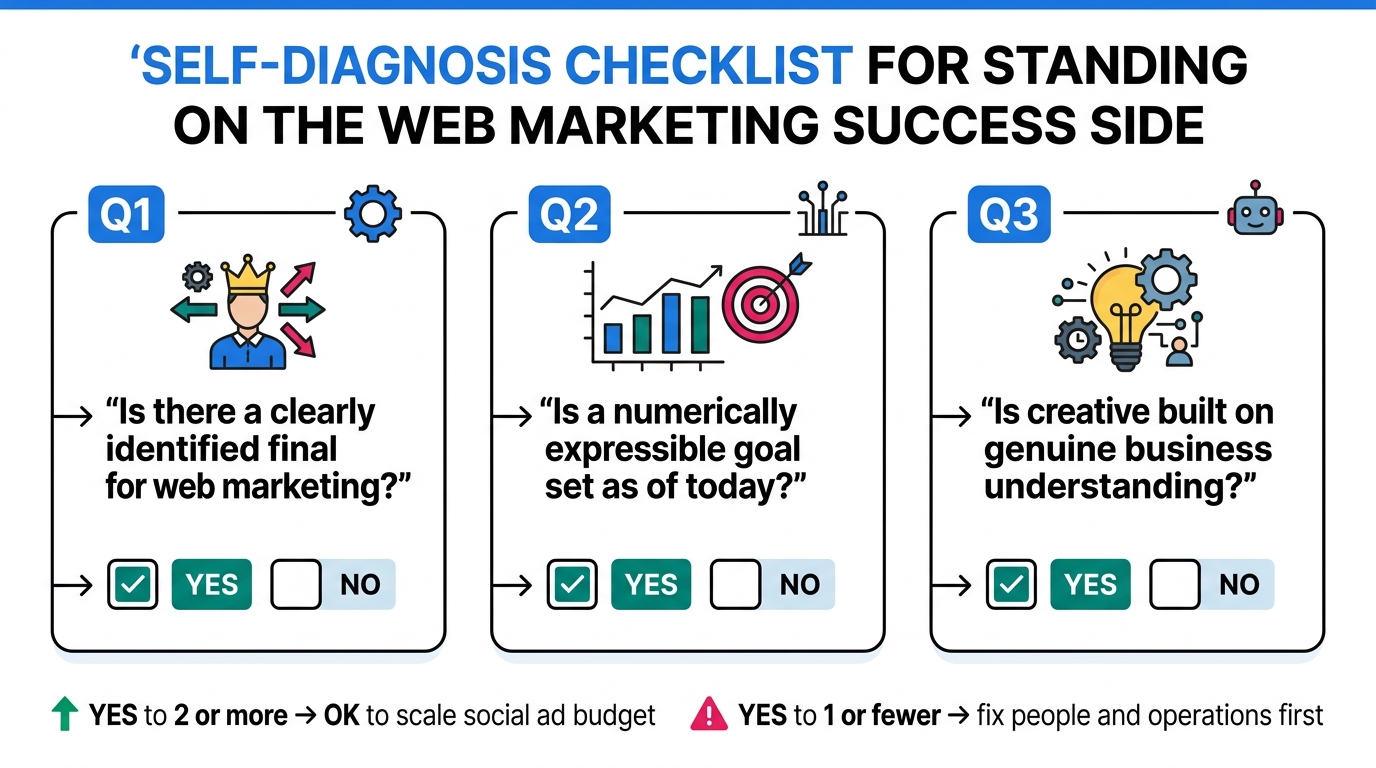 Self-diagnosis checklist for standing on the web marketing success side. Three check items with YES/