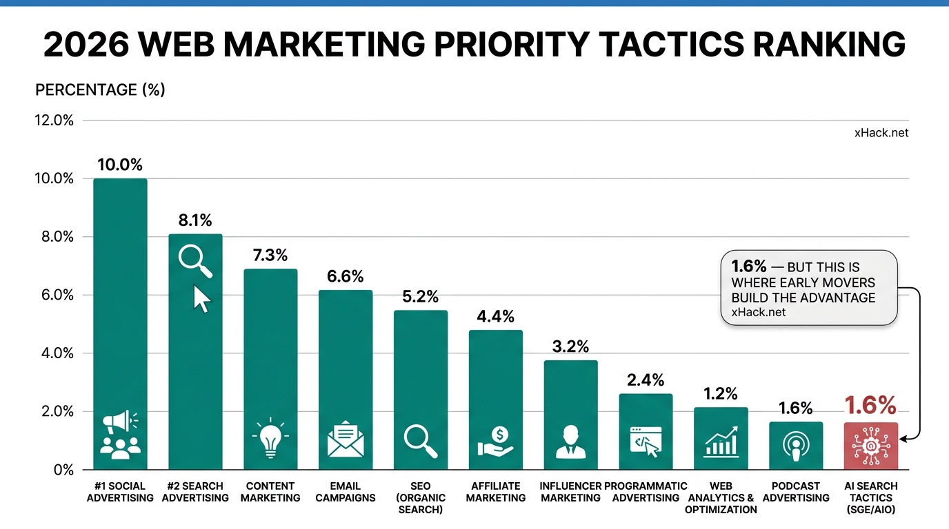 2026 web marketing priority tactics ranking bar chart. Horizontal axis: tactic names. Vertical axis: