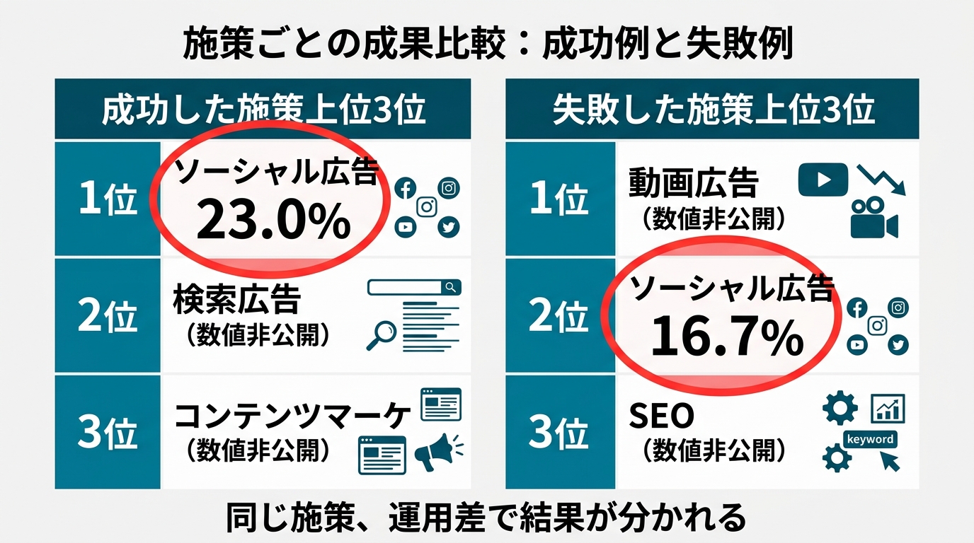 成功した施策上位3位(1位ソーシャル広告23.0%・2位検索広告(数値非公開)・3位コンテンツマーケ(数値非公開))と失敗した施策上位3位(1位動画広告(数値非