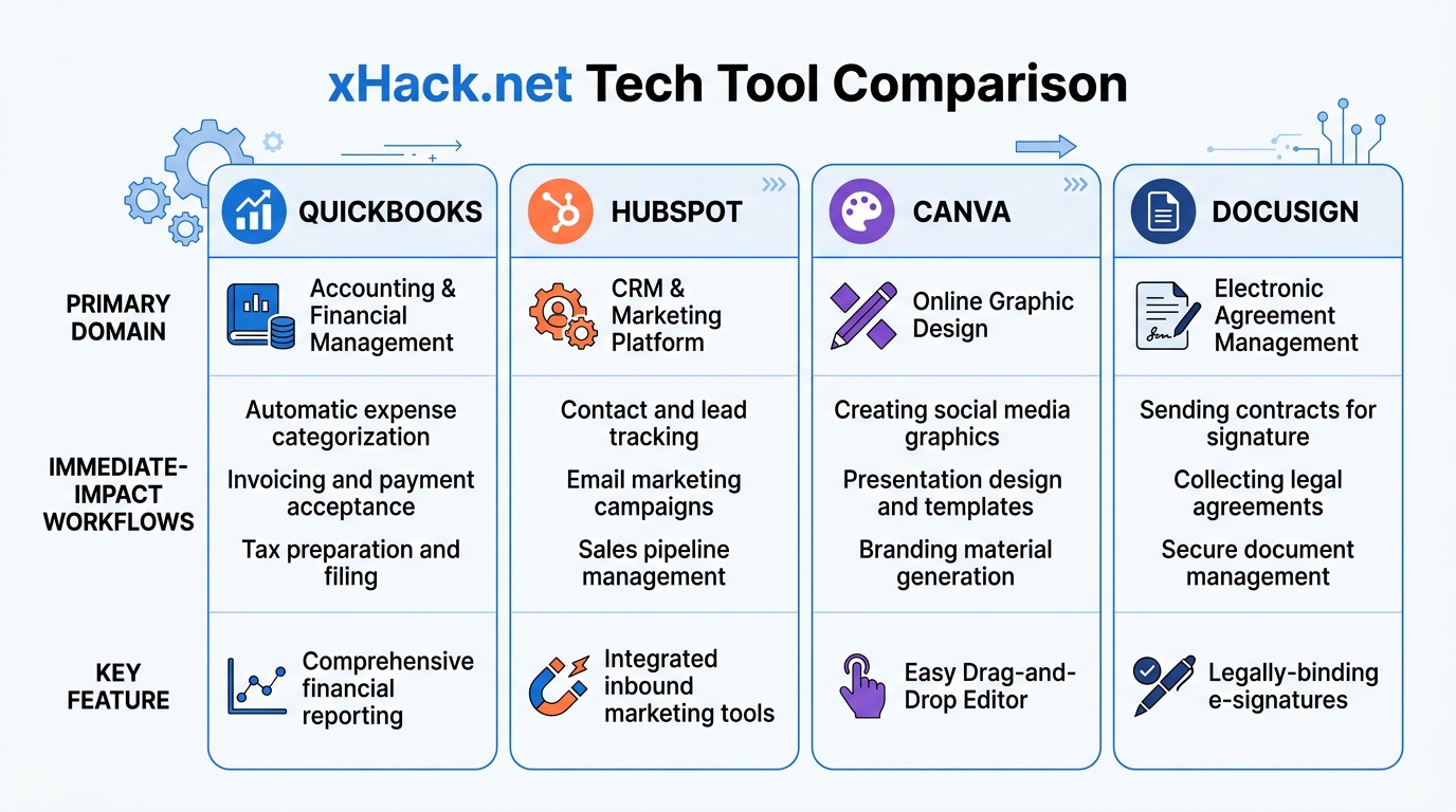 4-column comparison table. Columns: QuickBooks / HubSpot / Canva / Docusign. Rows: Primary domain, I