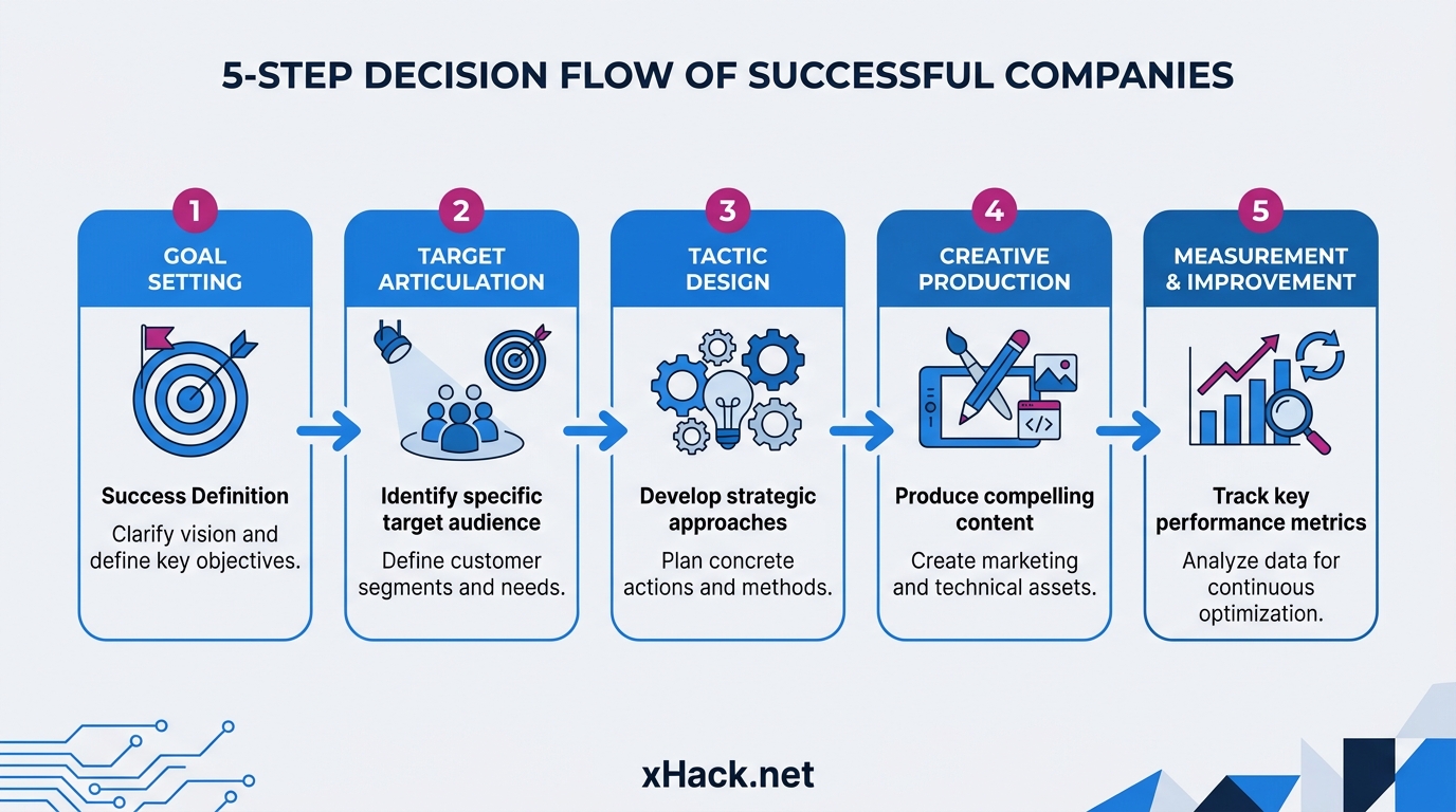 5-step decision flow of successful companies. "Goal Setting (success definition)" → "Target Articula