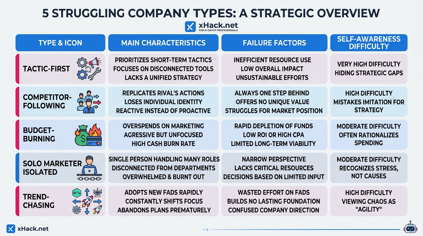 5-type comparison table of struggling companies. 5 rows: "Tactic-First," "Competitor-Following," "Bu