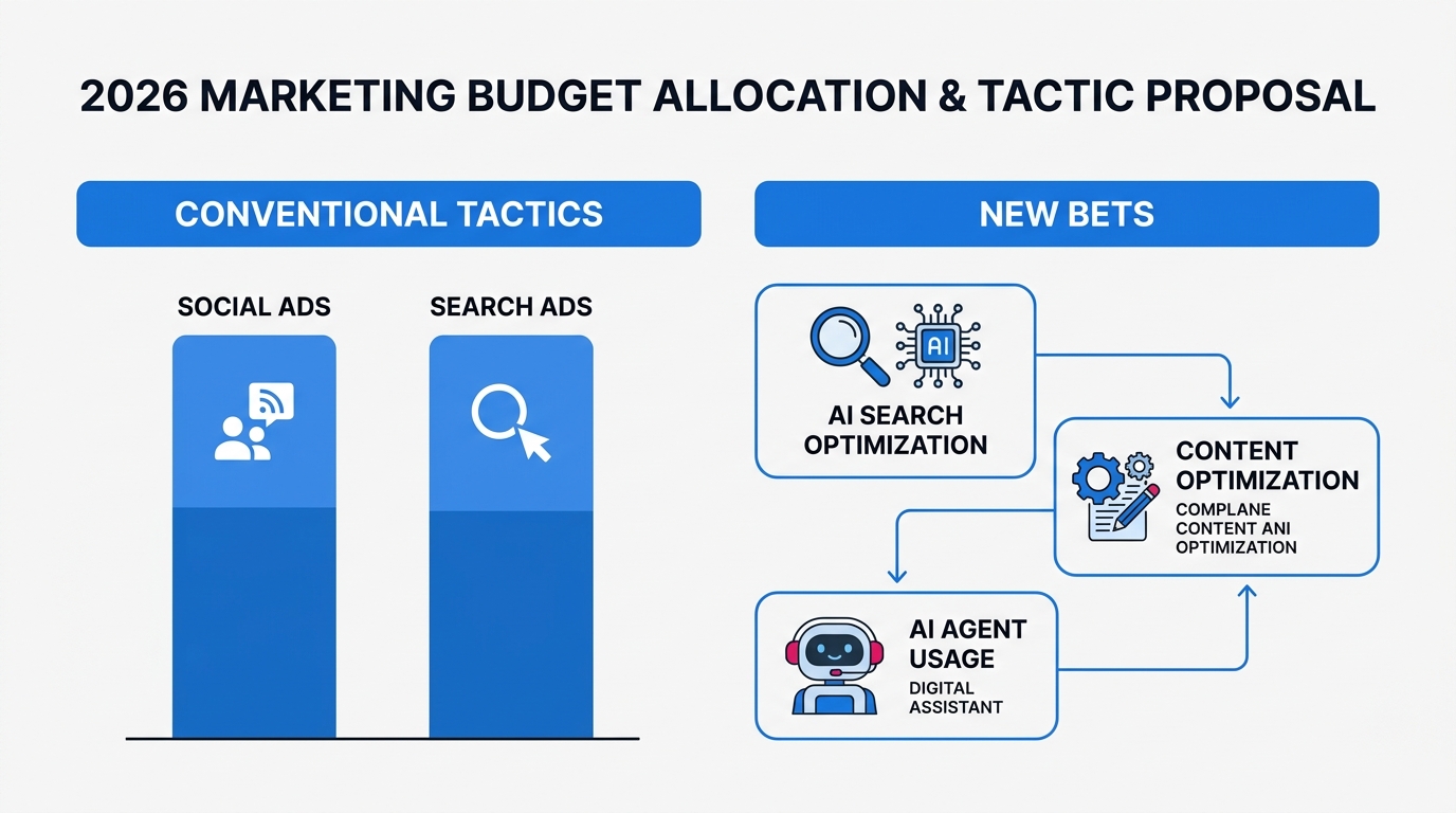 2026 marketing budget allocation and new tactic combination proposal. Left section "Conventional Tac