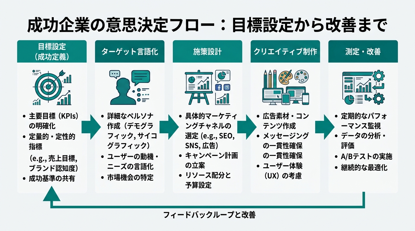 成功企業の意思決定フロー。「目標設定(成功定義)」→「ターゲット言語化」→「施策設計」→「クリエイティブ制作」→「測定・改善」の5ステップ横並びフロー図。各ステ