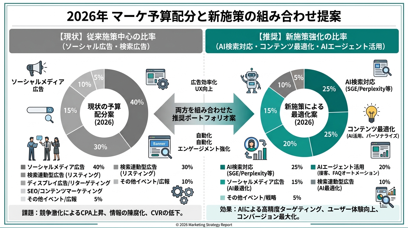2026年のマーケ予算配分と新施策の組み合わせ提案。左「従来施策(ソーシャル広告・検索広告)の比率」、右「AI検索対応・コンテンツ最適化・AIエージェント活用」