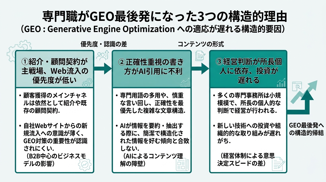 「専門職がGEO最後発になった3つの構造的理由」を整理したフロー図。左から右へ「①紹介・顧問契約が主戦場でWeb流入の優先度が低い→②正確性重視の書き方がAI引