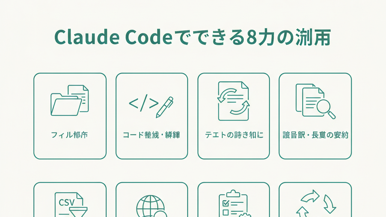 Claude Codeの8つの用途をアイコンで示す