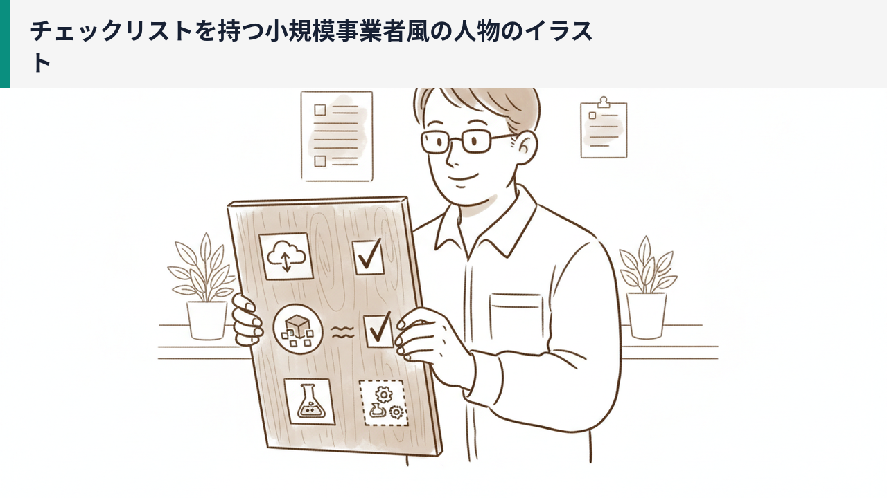 チェックリストを持つ小規模事業者風の人物のイラスト