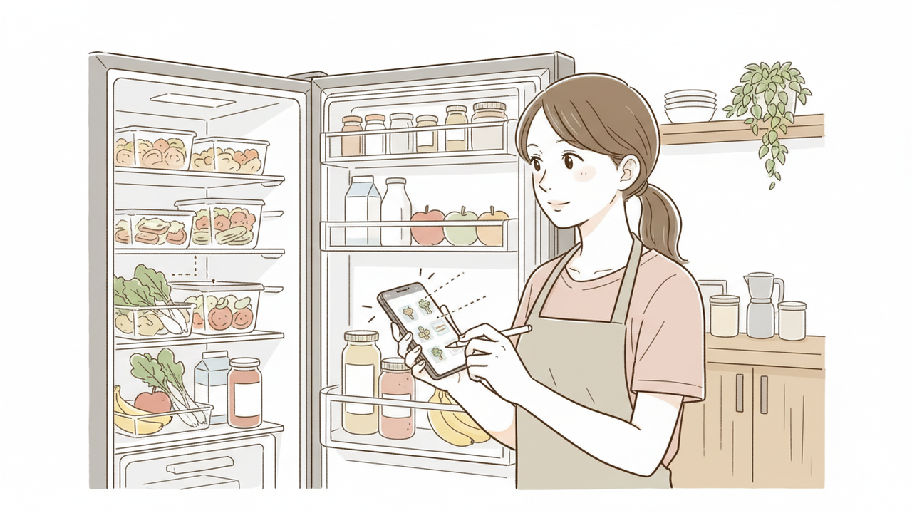 サクヤが冷蔵庫の中を確認しながらスマホのメモに買い物リストを書き足している様子のイラスト